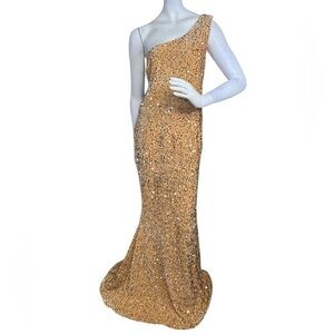 Faeriesty lovely sequined one-shoulder gown! Formal gold dress.